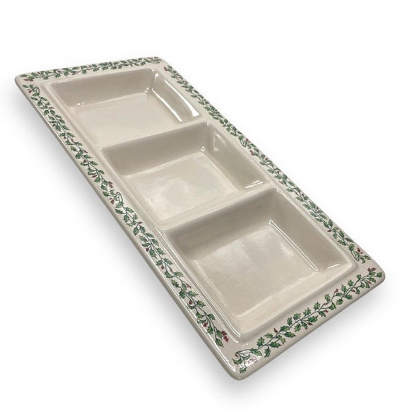 Ceramic Christmas Vintage Off White Holly Berry Trim Platter w/ 3 Compartments - Picture 2 of 13